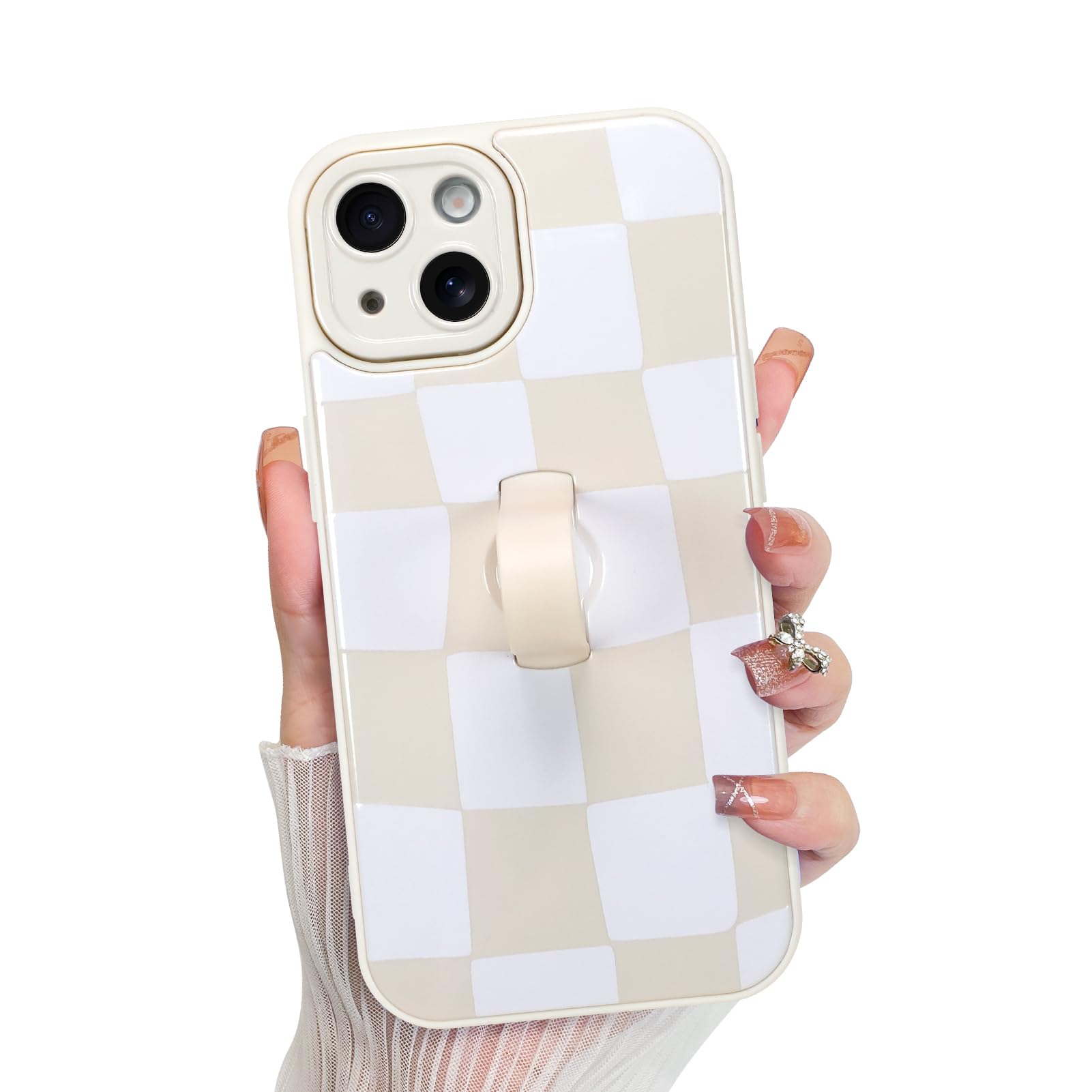 KANGHAR Compatible with iPhone 13 Case, Silicone Checkered Cute Pattern, Wristband Kickstand Camera Protection Soft Slim Cover f
