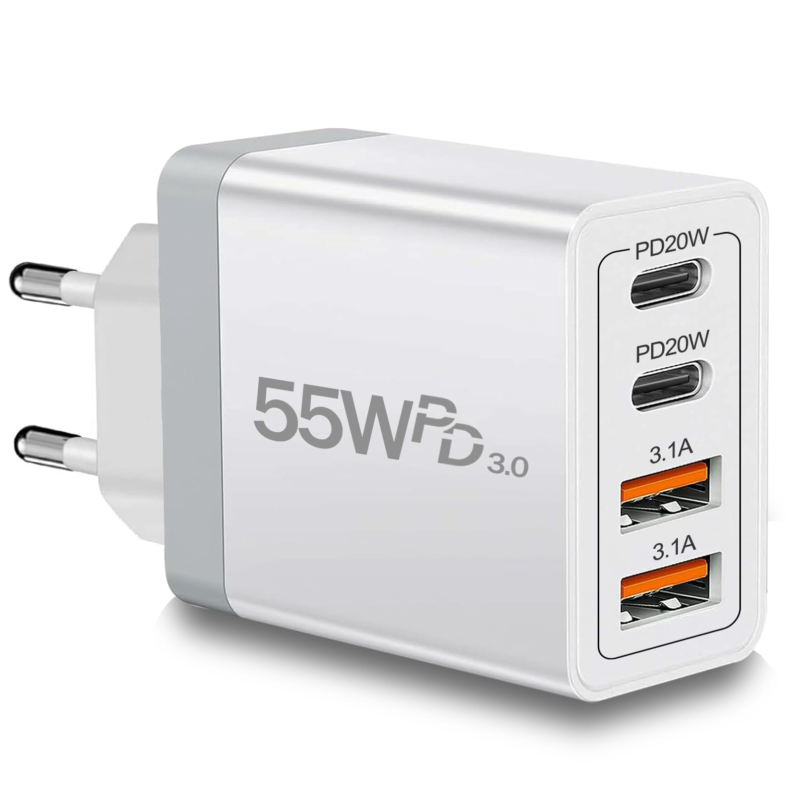 European Travel Plug Adapter USB C, 55W USB C European Charger 4-Port Fast Charger Type C Wall Charger USA to Europe Plug Adapte
