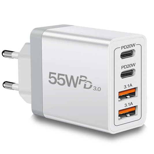 European Travel Plug Adapter USB C, 55W USB C European Charger 4-Port Fast Charger Type C Wall Charger USA to Europe Plug Adapte