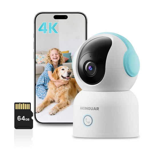 AKINGUAR 4K 8MP Indoor Security Camera, WiFi Camera with 64GB Memory Card, 360 Pan/Tilt IP Surveillance Camera, Auto Tracking, A