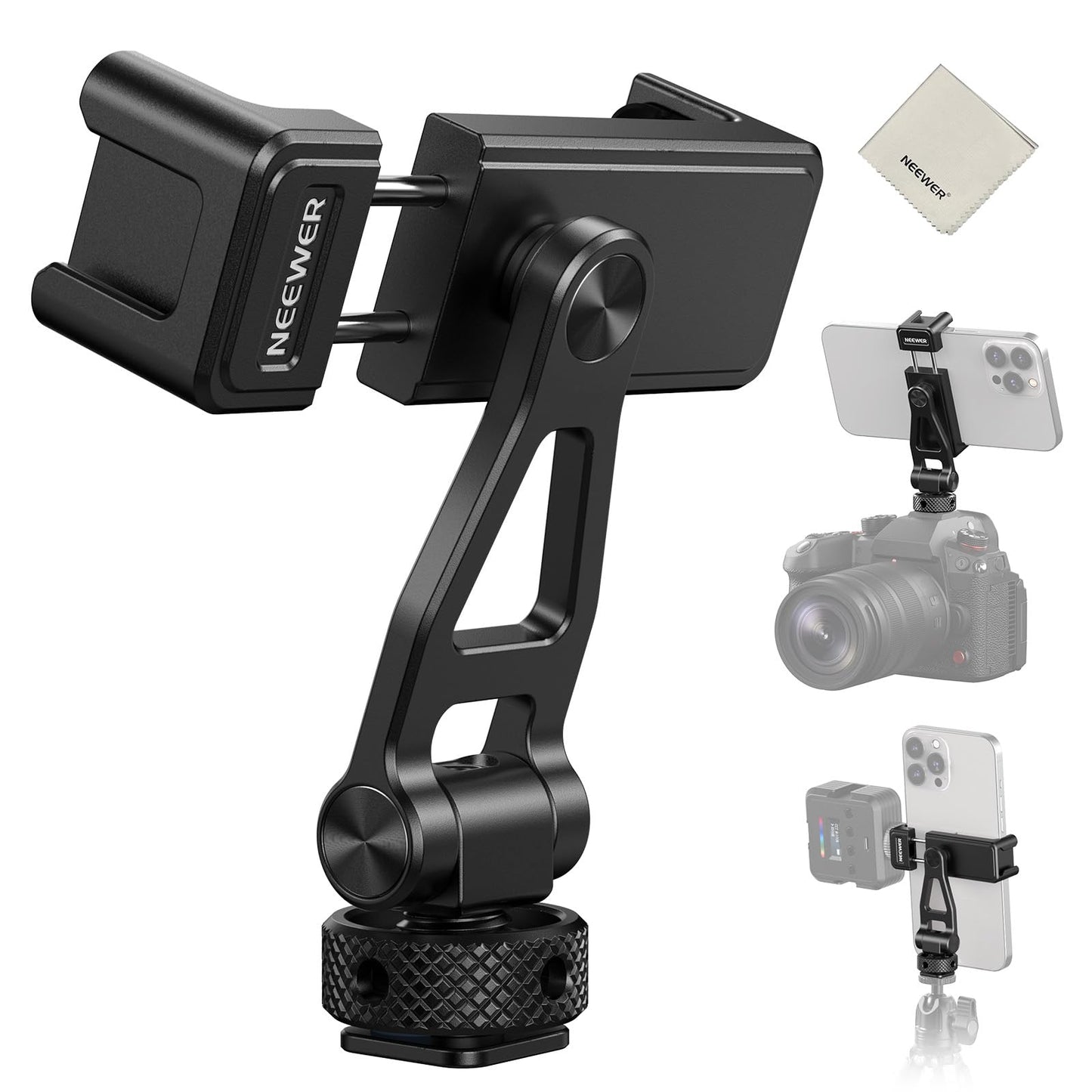 NEEWER Adjustable Phone Tripod Mount with Cold Shoe 1/4 Thread 180 Tilt 360 Rotation Cleaning Cloth Phone Clamp Holder Compatibl