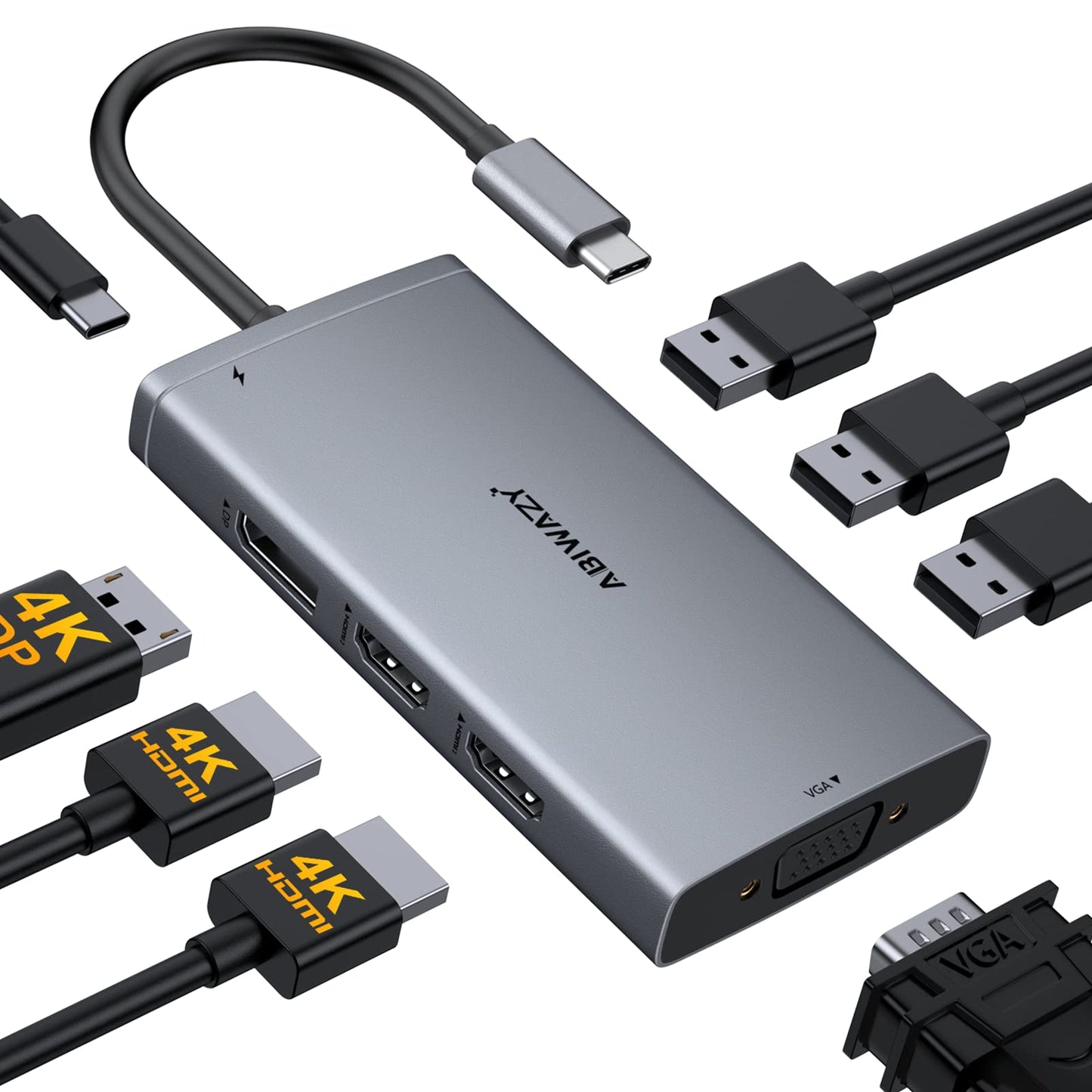 ABIWAZY USB C Docking Station Dual Monitor Adapter for Dell HP Laptop Docking Station 3 Monitors Quadruple Display USBC Hub Dong