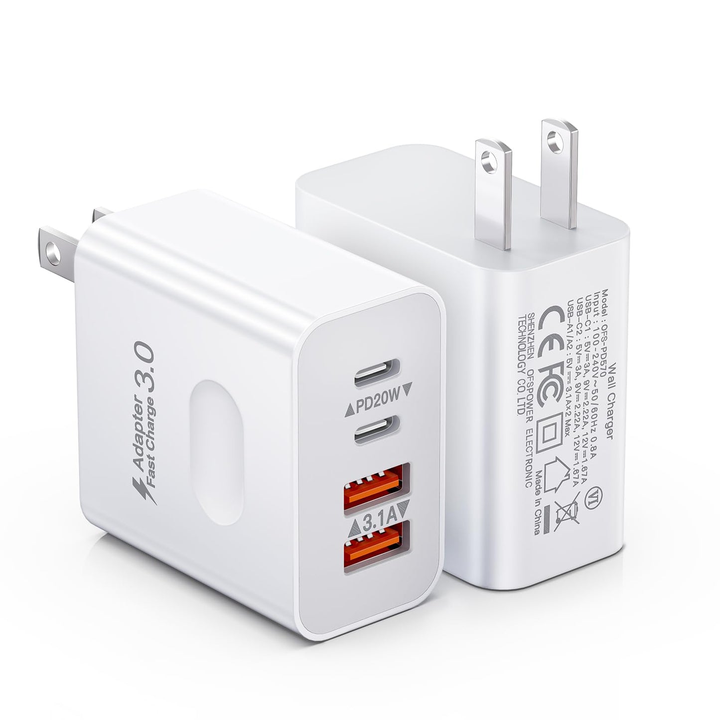 [2-Pack] USB C Wall Charger, 40W 4-Port Fast Charging Block USB C Charger Dual USBC Power Adapter + QC Wall Plug Multiport Brick