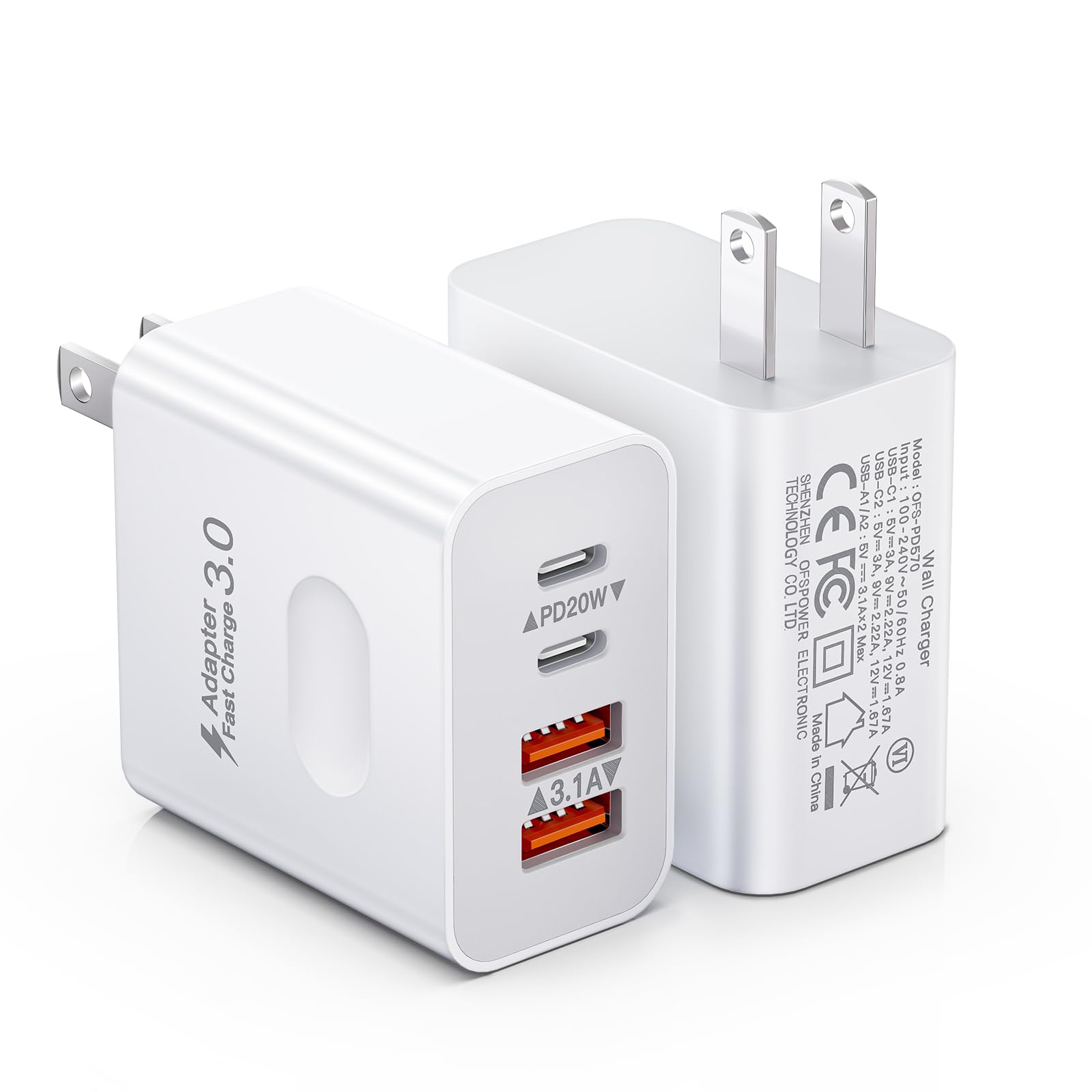 [2-Pack] USB C Wall Charger, 40W 4-Port Fast Charging Block USB C Charger Dual USBC Power Adapter + QC Wall Plug Multiport Brick