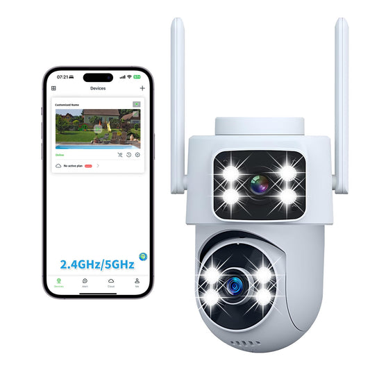 DZCCTVIPC Dual-Lens 2K Smart Indoor/Outdoor Security Camera, 5GHz Wi-Fi, 360 AI Motion Tracking,Color Night Vision,IP65 Weatherp