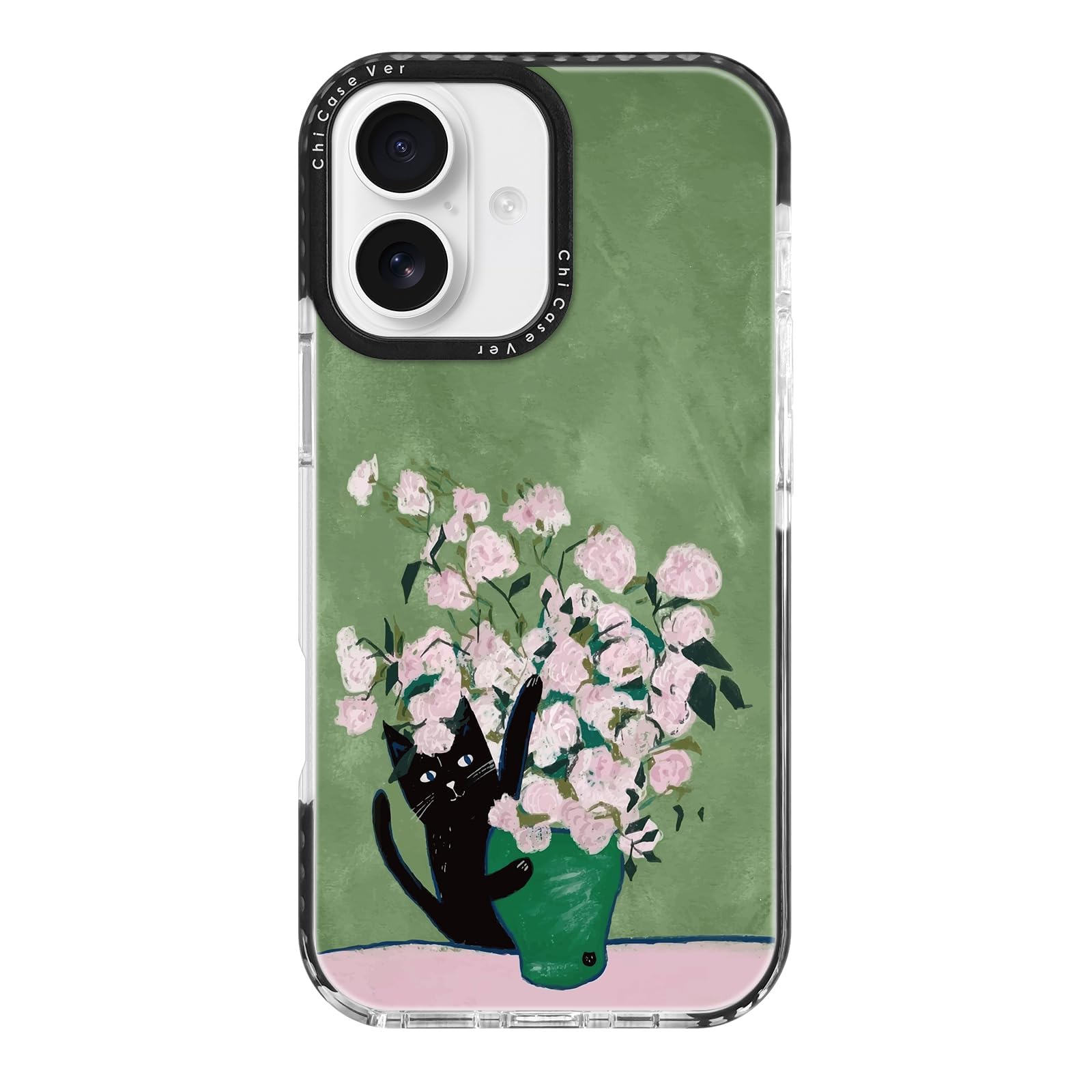 ChiCaseVer for iPhone 17 Case,Vintage Cat & Floral Art on Green Design Pattern Aesthetics,Military-Grade Drop Protection, Artist