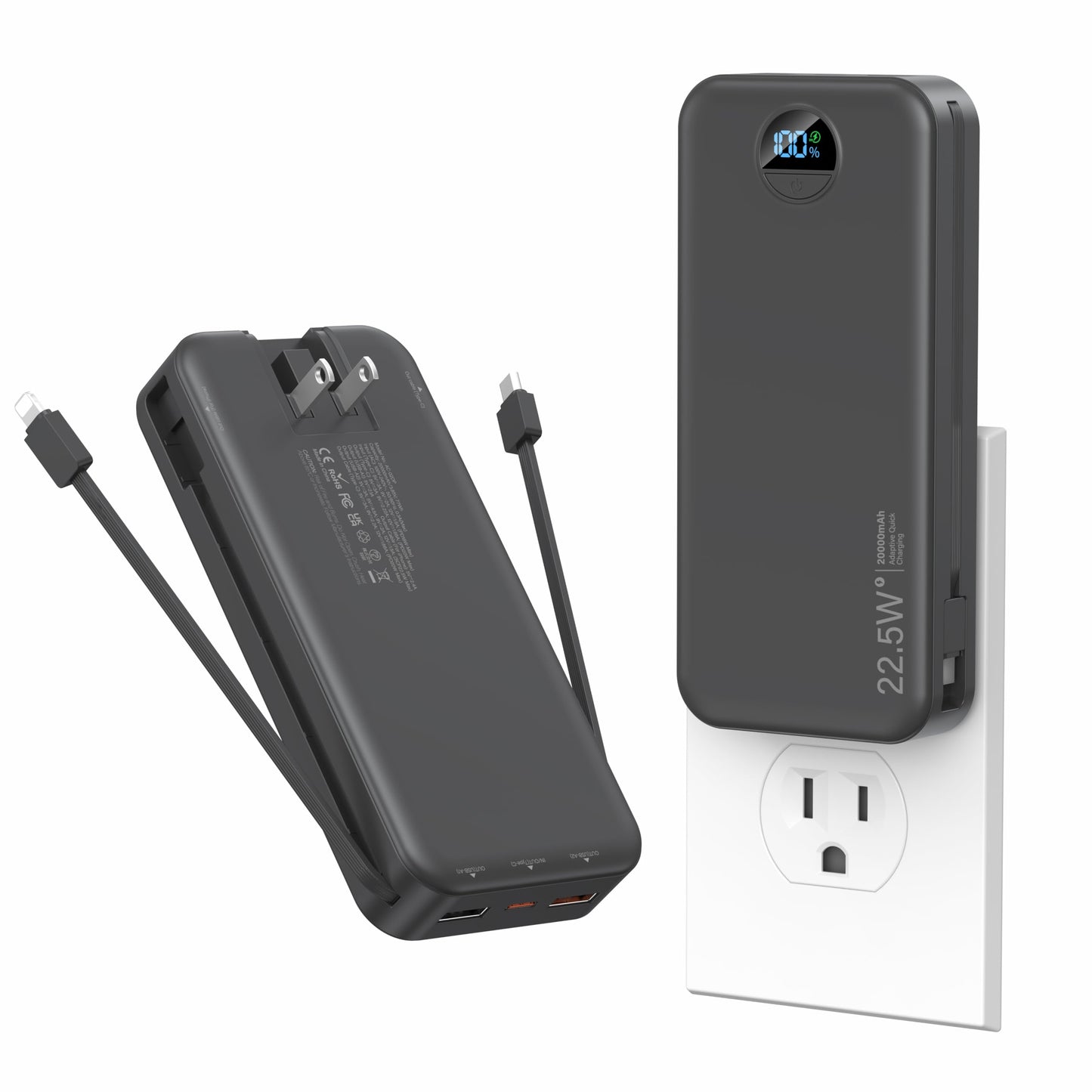 Ffnpua Portable Charger with Wall Plug, 20000mAh USB C Fast Charging Power Bank, External Battery Pack with Built in Cables, Dig