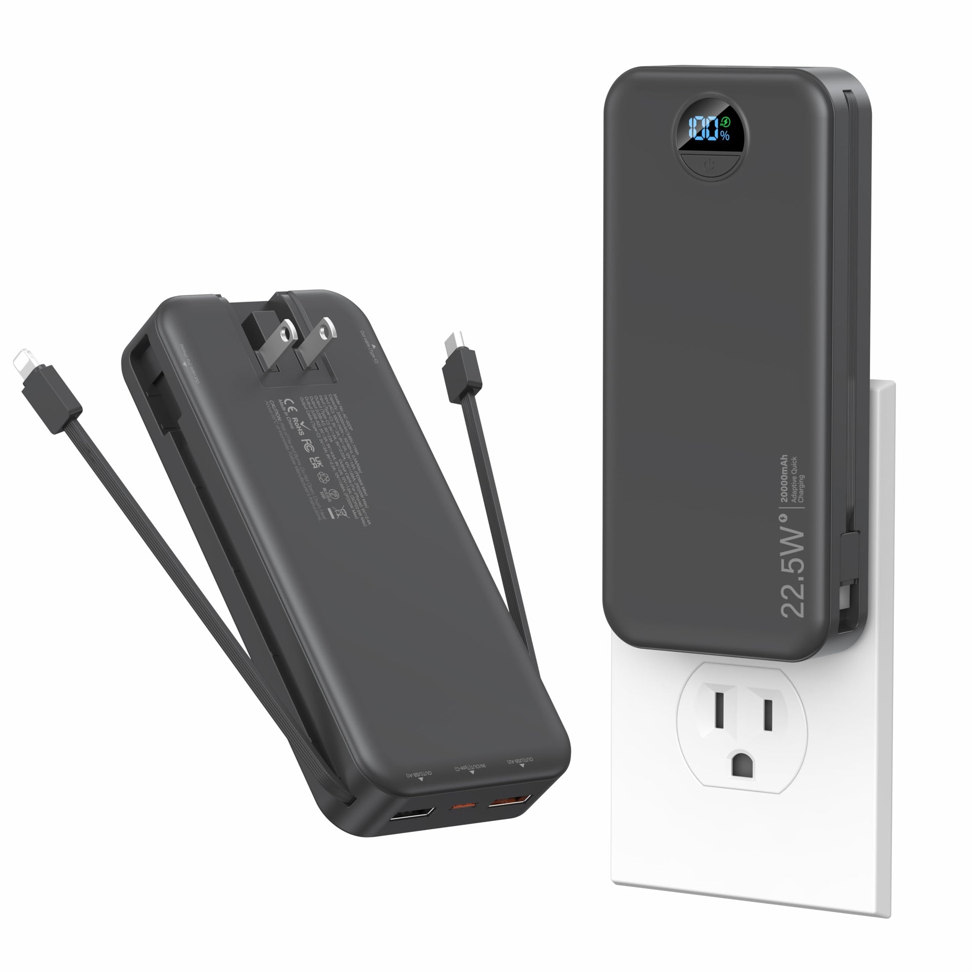 Ffnpua Portable Charger with Wall Plug, 20000mAh USB C Fast Charging Power Bank, External Battery Pack with Built in Cables, Dig