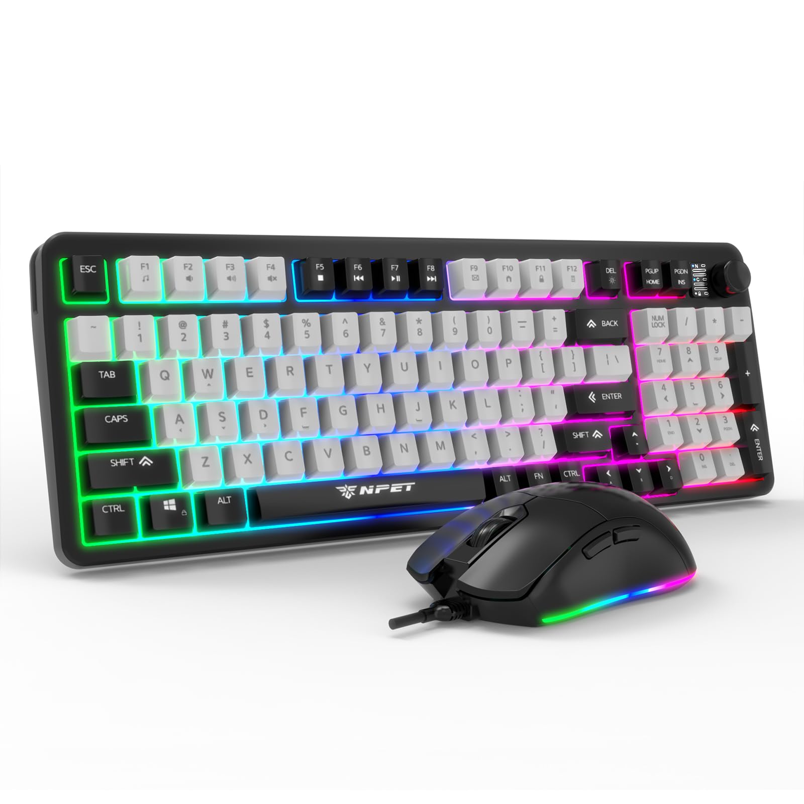 NPET Wired Keyboard and Mouse Combo, 98 Keys Mechanical Feel Quiet Membrane Keyboard with Knob, Double-Shot Keycaps, Spill-Resis