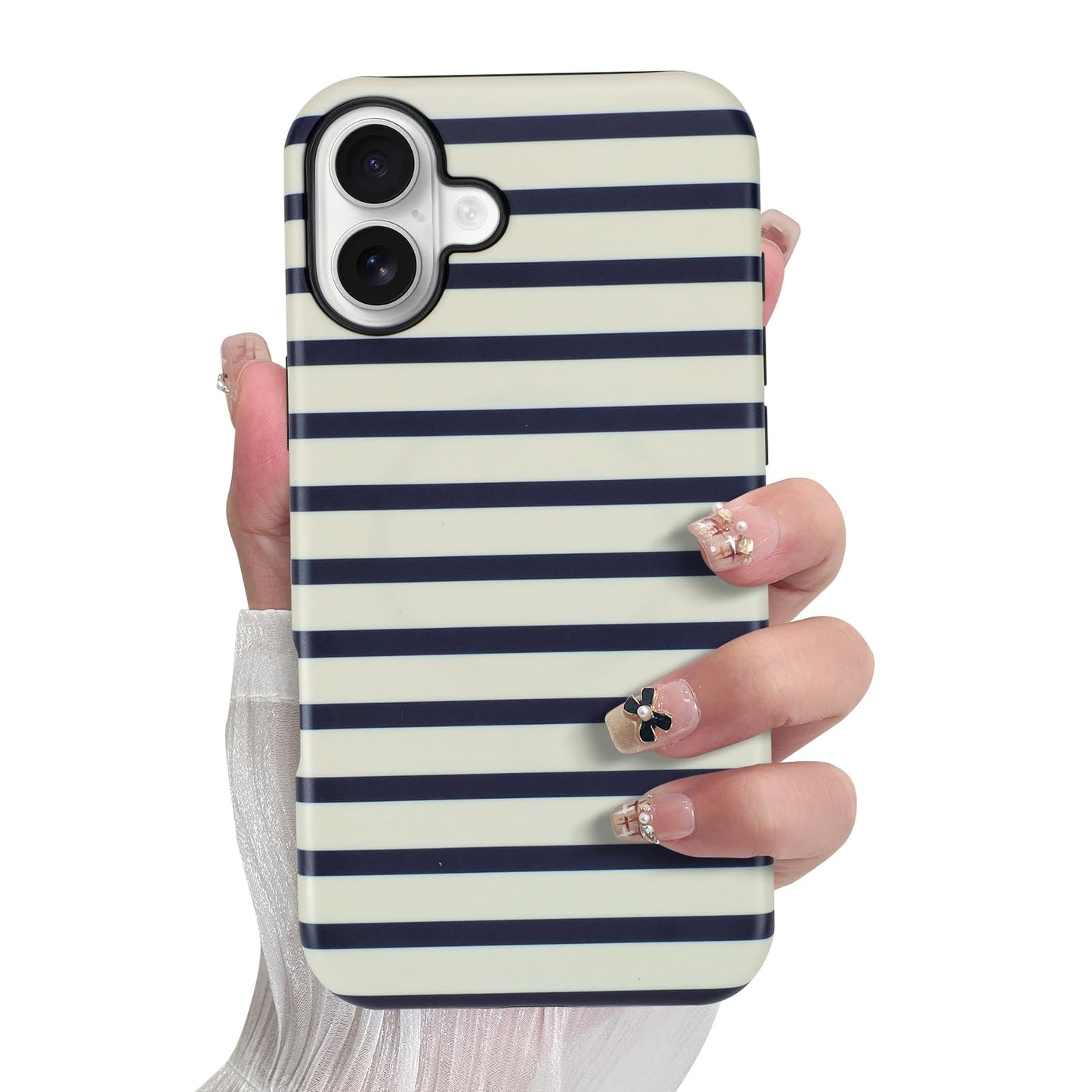 SOKAD Magnetic Horizontal Stripes Phone Case for iPhone 16, Cute Navy Blue Striped Line Pattern Compatible with Magsafe Matte Pr