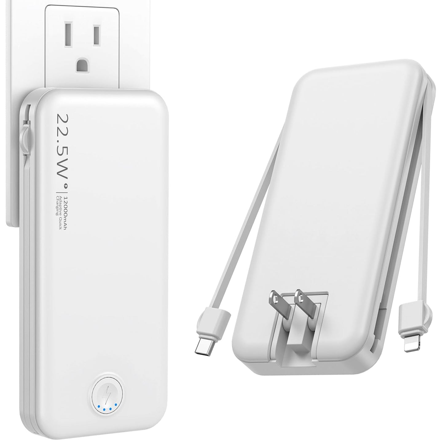 Nusyddy Portable Charger, 12000mAh 22.5W Fast Charging Power Bank with Built-in Cables & Wall Plug, Travel Essentials External B