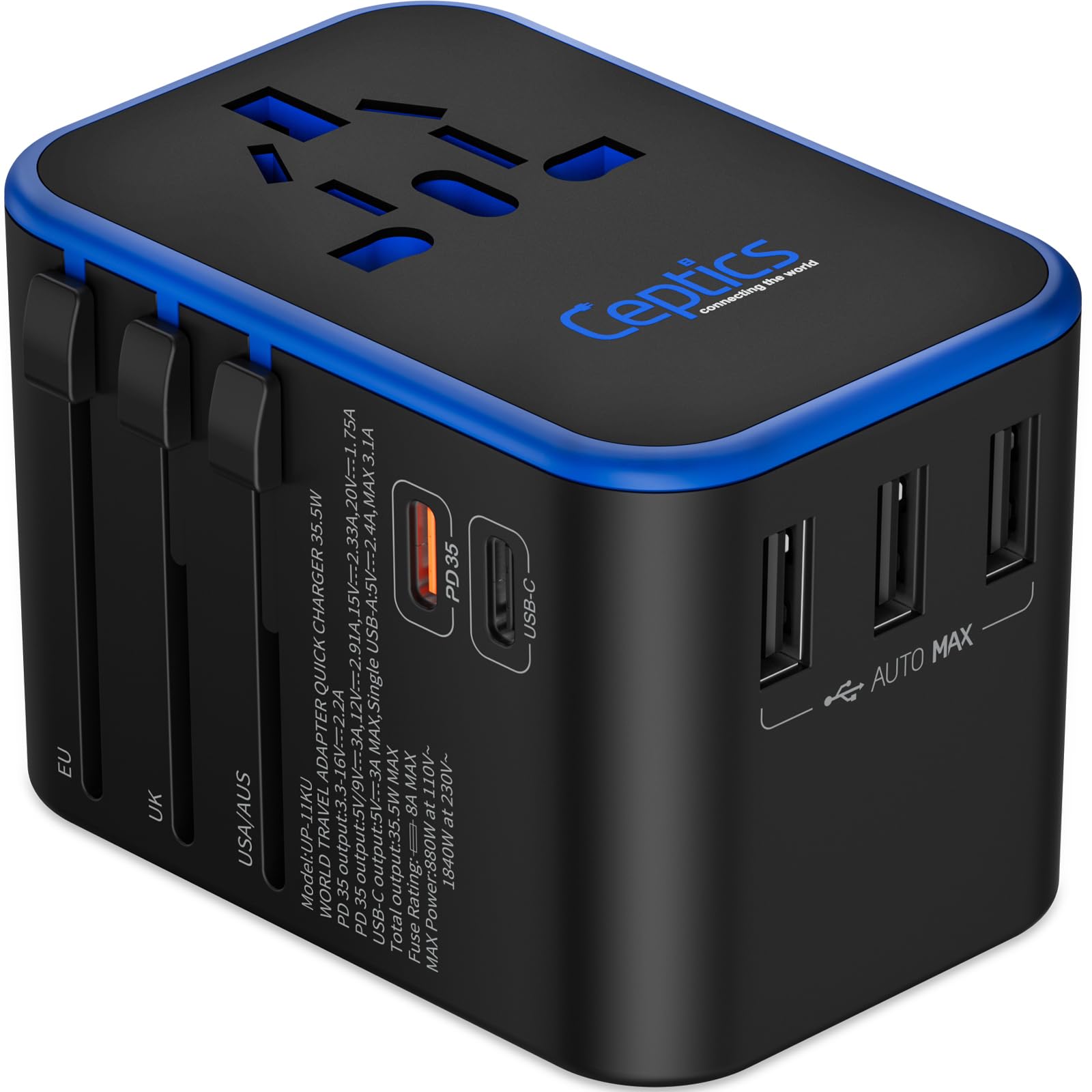 Ceptics Universal Travel Adapter, 35W International Power Adapter with PD & QC 3.0 Dual USB-C, 3 USB Travel Adapter Worldwide, T