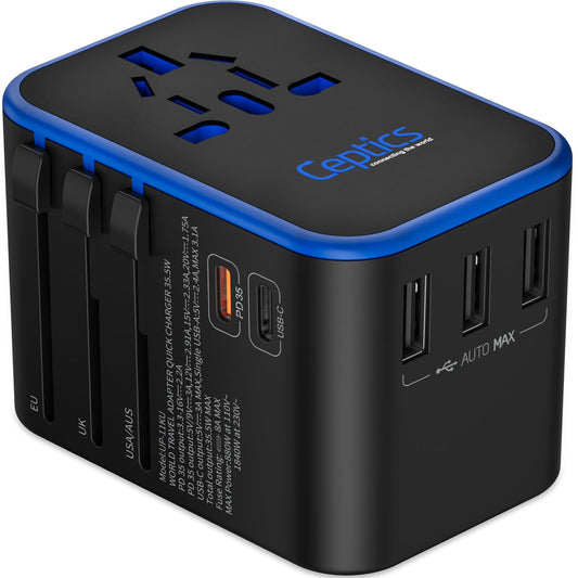 Ceptics Universal Travel Adapter, 35W International Power Adapter with PD & QC 3.0 Dual USB-C, 3 USB Travel Adapter Worldwide, T