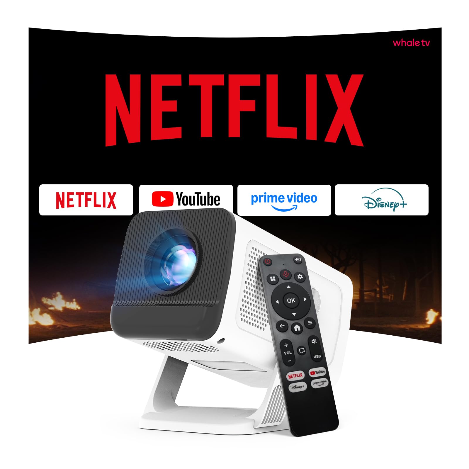 [Compatible with Netflix] Mini Projector Built-in Stream Apps Officially Licensed, 1080P 4K Support, Auto Keystone Projector, Wi