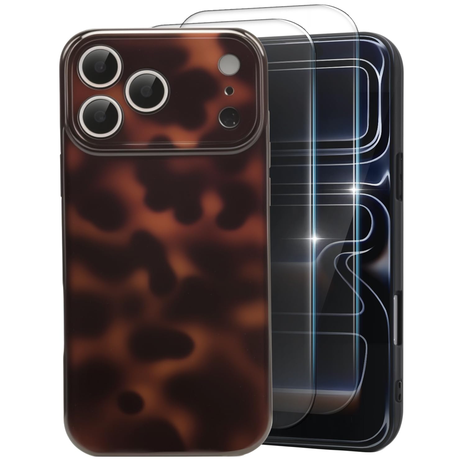 MYY Cute Phone Case for iPhone 17 Pro Case, [with 2X Screen Protector] Tortoise Shell Pattern Leopard Full Camera Protective Sli