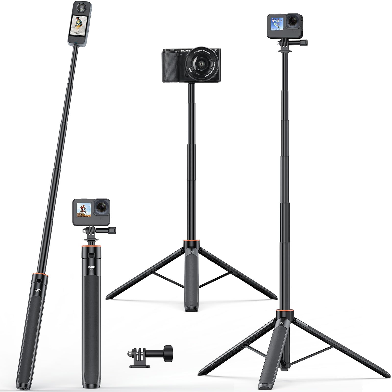 VRIG 54 Extendable Camera Tripod for Insta360 X5 X4 X3 X2, Action Camera Selfie Stick Tripods with 1/4 Screw, GoPro Tripod Stand