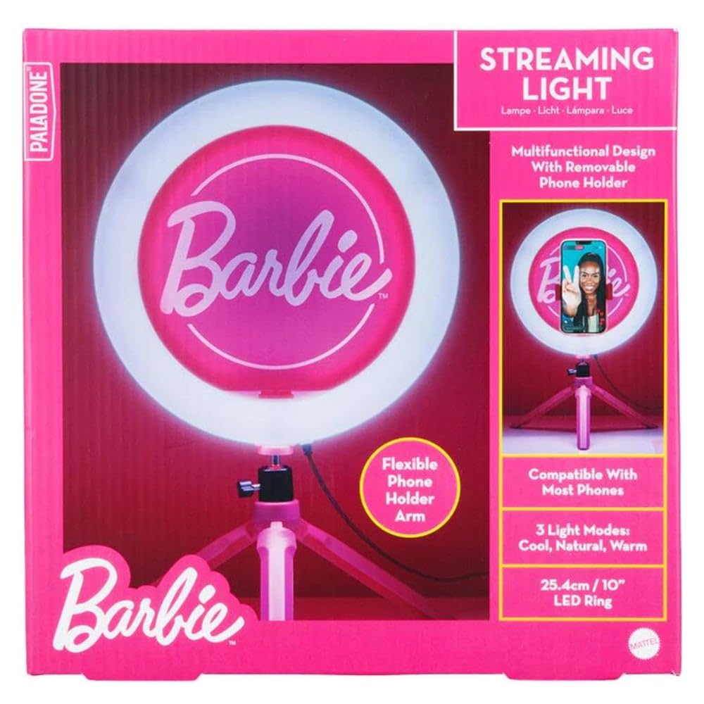 Paladone Barbie Streaming Light - Officially Licensed Adjustable Ring Light with Phone Holder, 3 Light Modes (Warm, Cool & Neutr