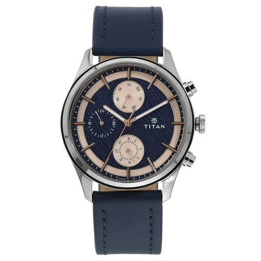 Titan Workwear Men’S Chronograph Watch - Quartz, Water Resistant, Leather Strap – Blue Band And Blue Dial