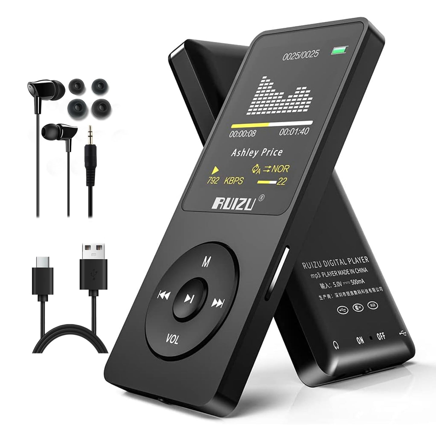 RUIZU 32GB MP3 Player with Bluetooth 5.3, FM Radio, Voice Recorder, Black, Model X02, 80 Hours Playback
