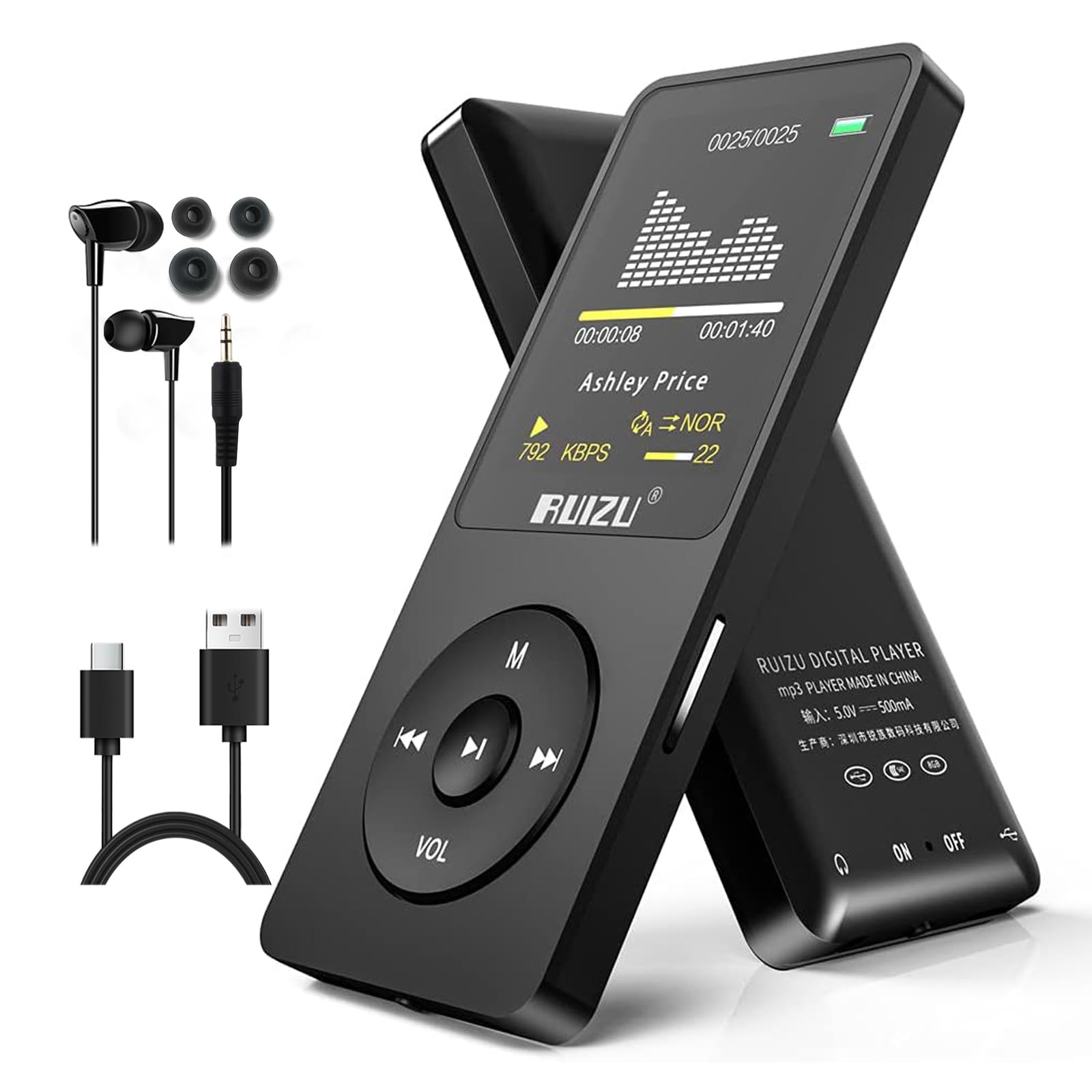 RUIZU 32GB MP3 Player with Bluetooth 5.3, FM Radio, Voice Recorder, Black, Model X02, 80 Hours Playback