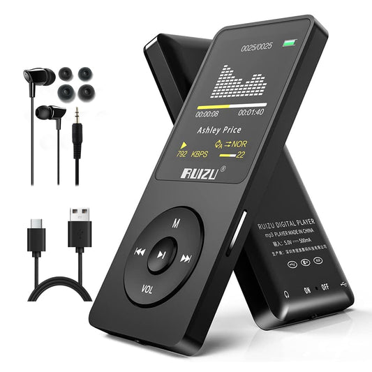 RUIZU 32GB MP3 Player with Bluetooth 5.3, FM Radio, Voice Recorder, Black, Model X02, 80 Hours Playback