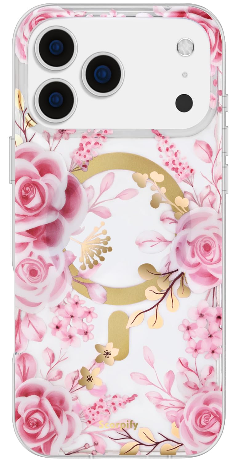 SCORPIFY for iPhone 17 Pro Max Case [Compatible with MagSafe] with Pastel Pink Rose Floral Design, Cute Clear Flower Magnetic Ph