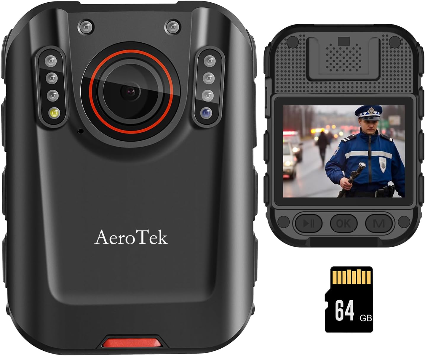 AeroTek 2K Body Camera, Police Body Cam with 64GB Video Recording and Ultra Infrared Night Vision, Body Worn Camera for Law Enfo