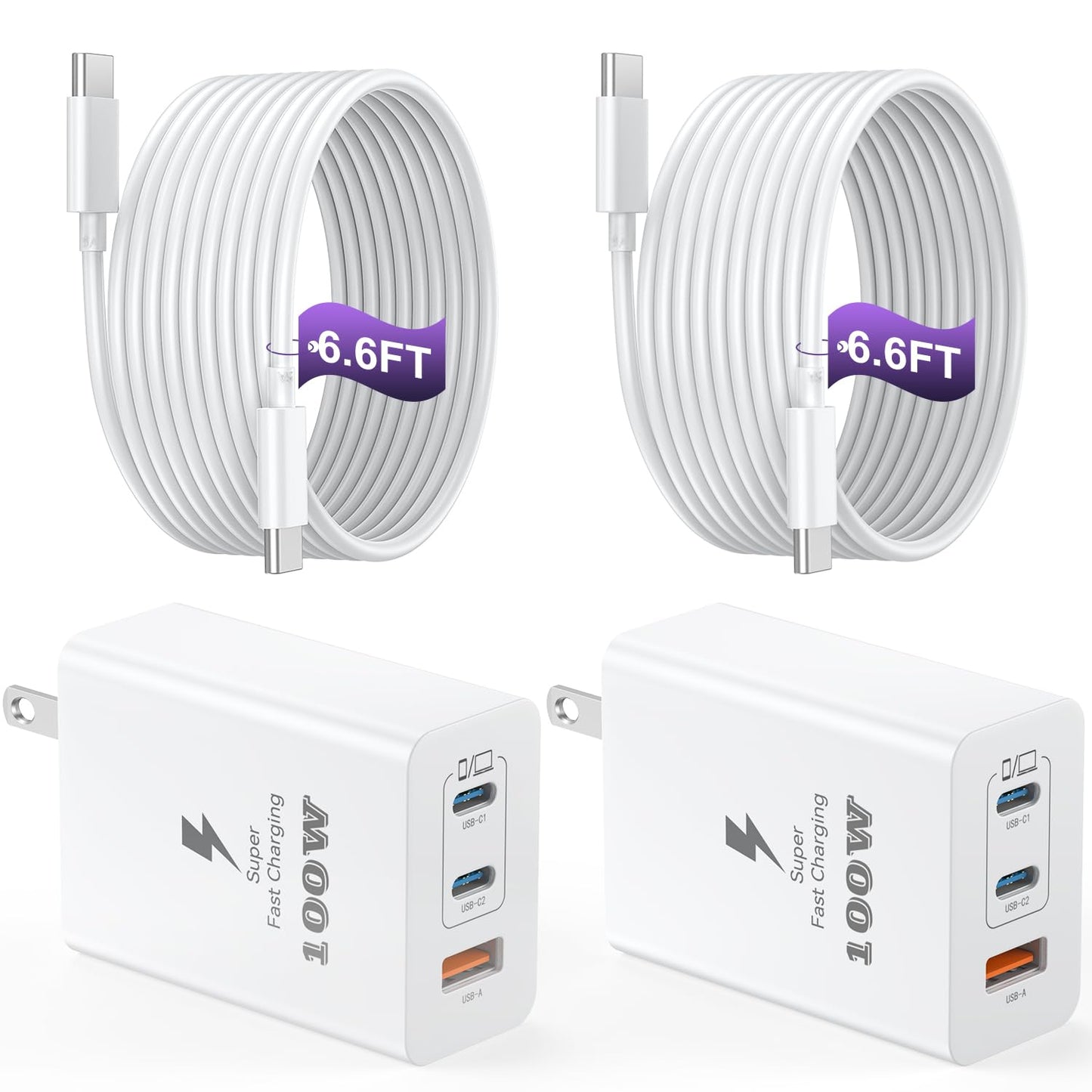 USB C Charger Block 100W, 3-Port GaN Super Fast Charger, Type C Wall Charger Adapter with 6.6ft USB C Charging Cable for MacBook