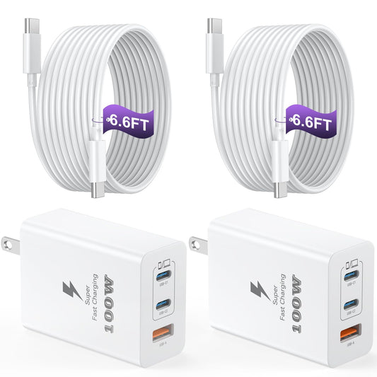 USB C Charger Block 100W, 3-Port GaN Super Fast Charger, Type C Wall Charger Adapter with 6.6ft USB C Charging Cable for MacBook