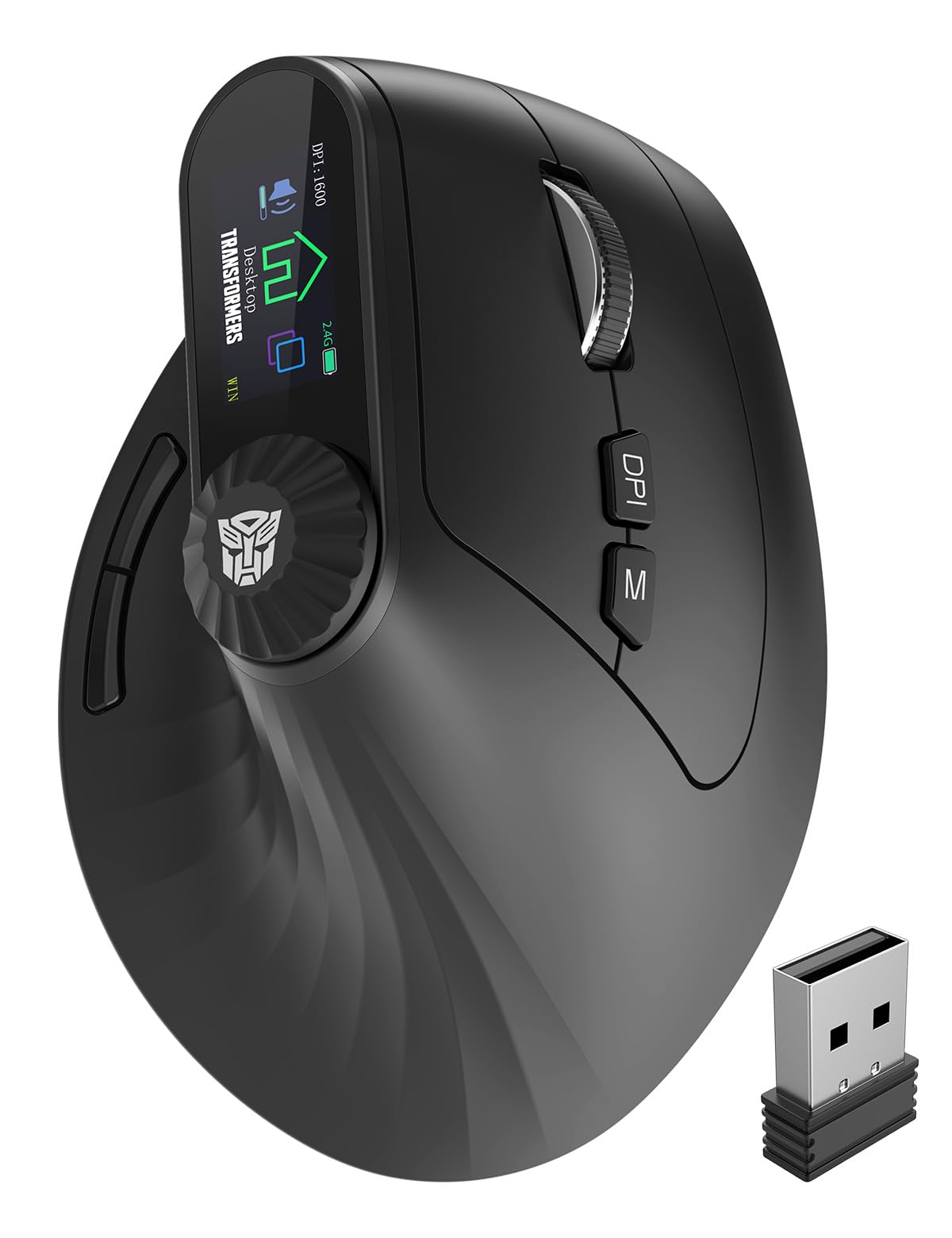 Transformers Vertical Ergonomic Mouse with LED Screen & Knob Control, Rechargeable Vertical Mouse Wireless, 3-Device Connectivit
