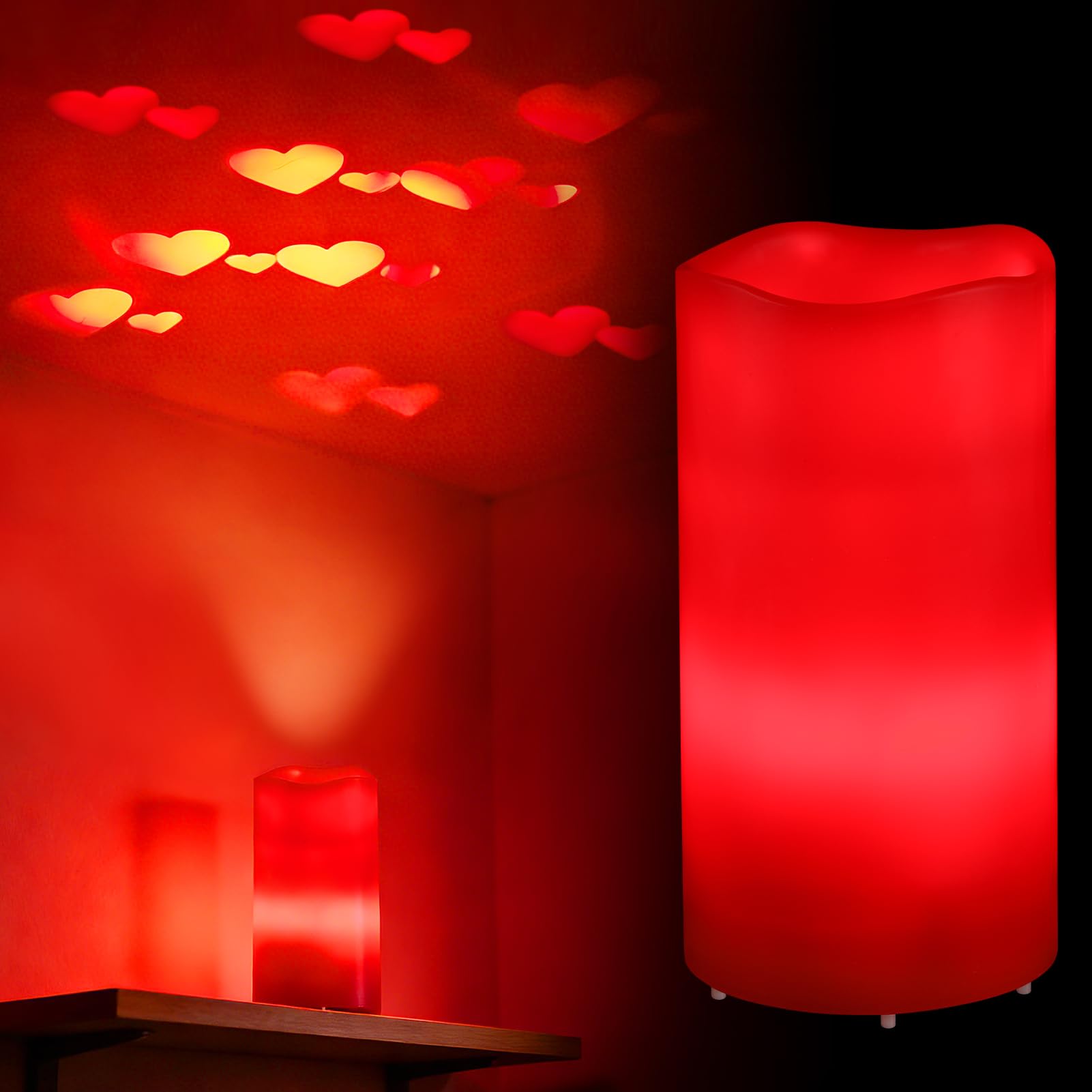 Beeplove Valentines Decorations Flameless Candle with Heart Projection - Red LED Candle, Romantic Decorations for Date Night Val