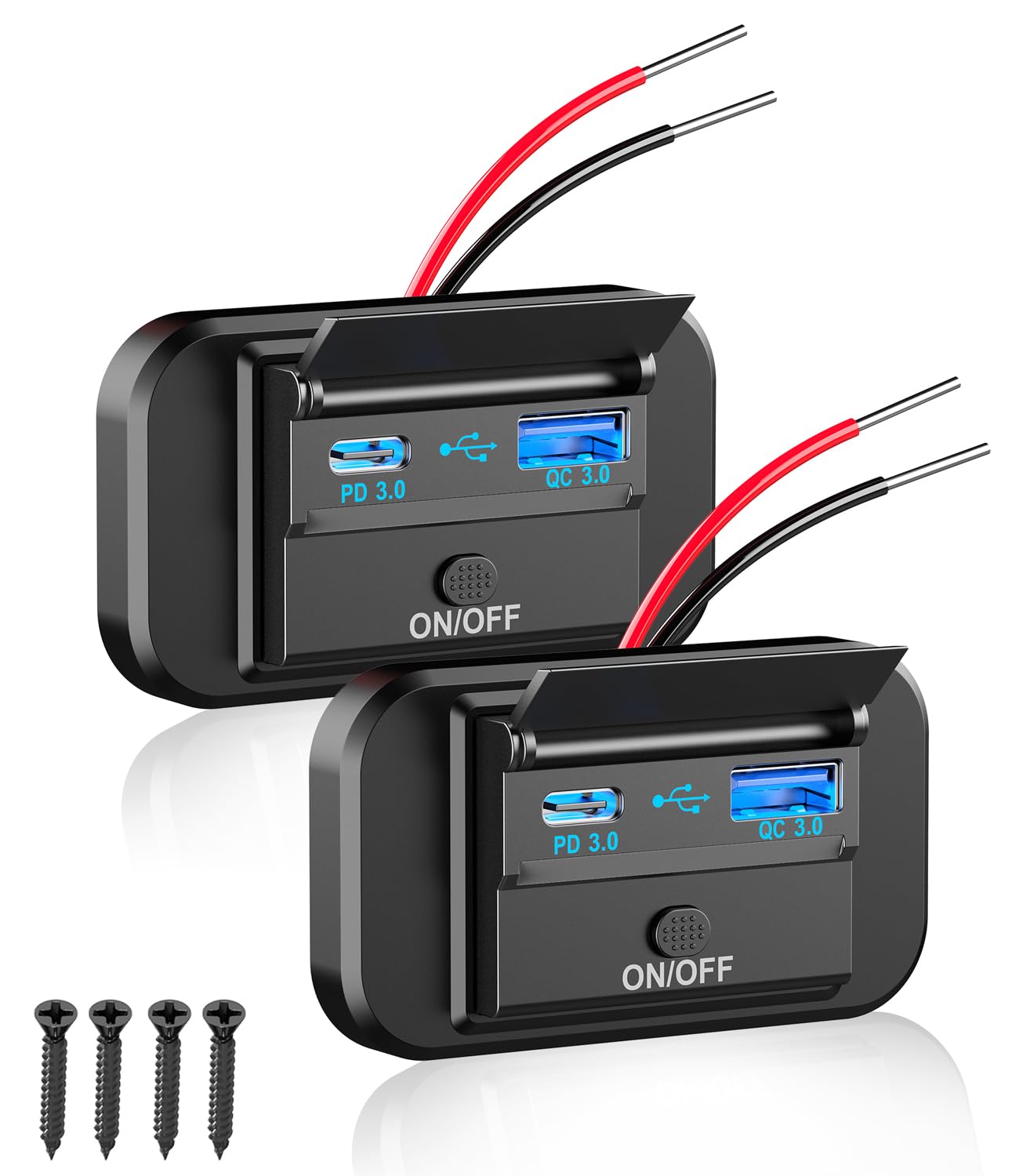 Qidoe PD 20W Type-C and 18W QC3.0 USB Port Surface Mount Car Charger Socket with Button Switch, Waterproof 12V Panel for Car, RV