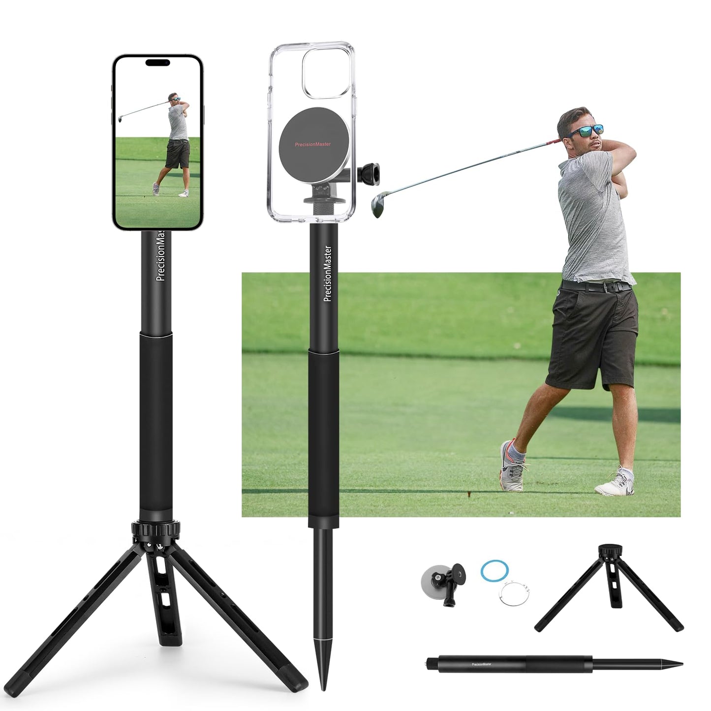 PrecisionMaster Golf Tripod & Monopod, Magnetic Golf Film Stick 52 Adjustable Aluminum, Golf Swing Training Aid Compatible with