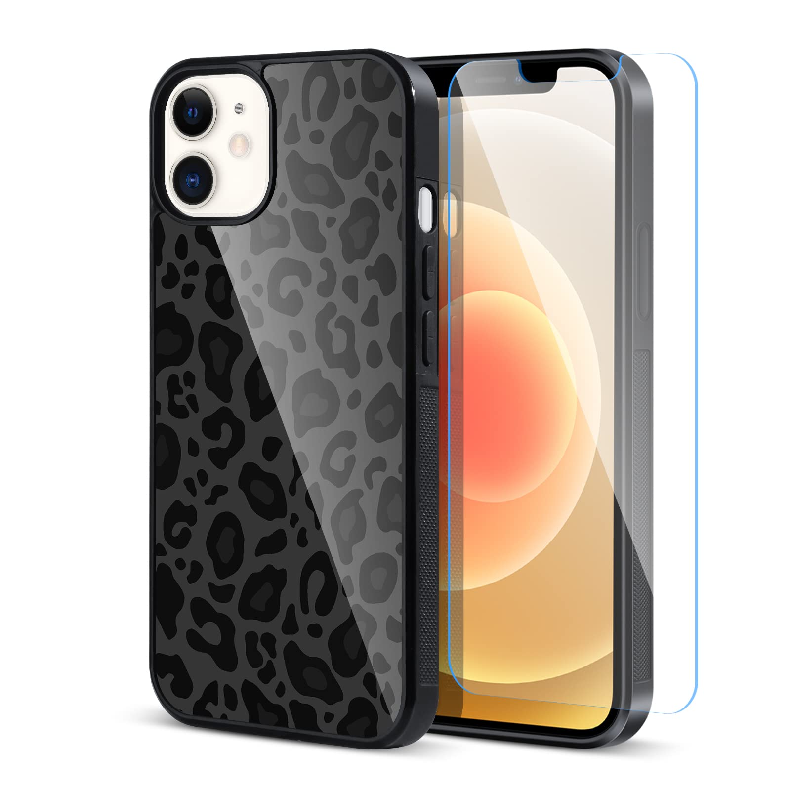 TEAUGHT Compatible with iPhone 12 Case, iPhone 12 Pro Case Cute Pattern Black Leopard Print Cheetah + Screen Protector Tire Cove