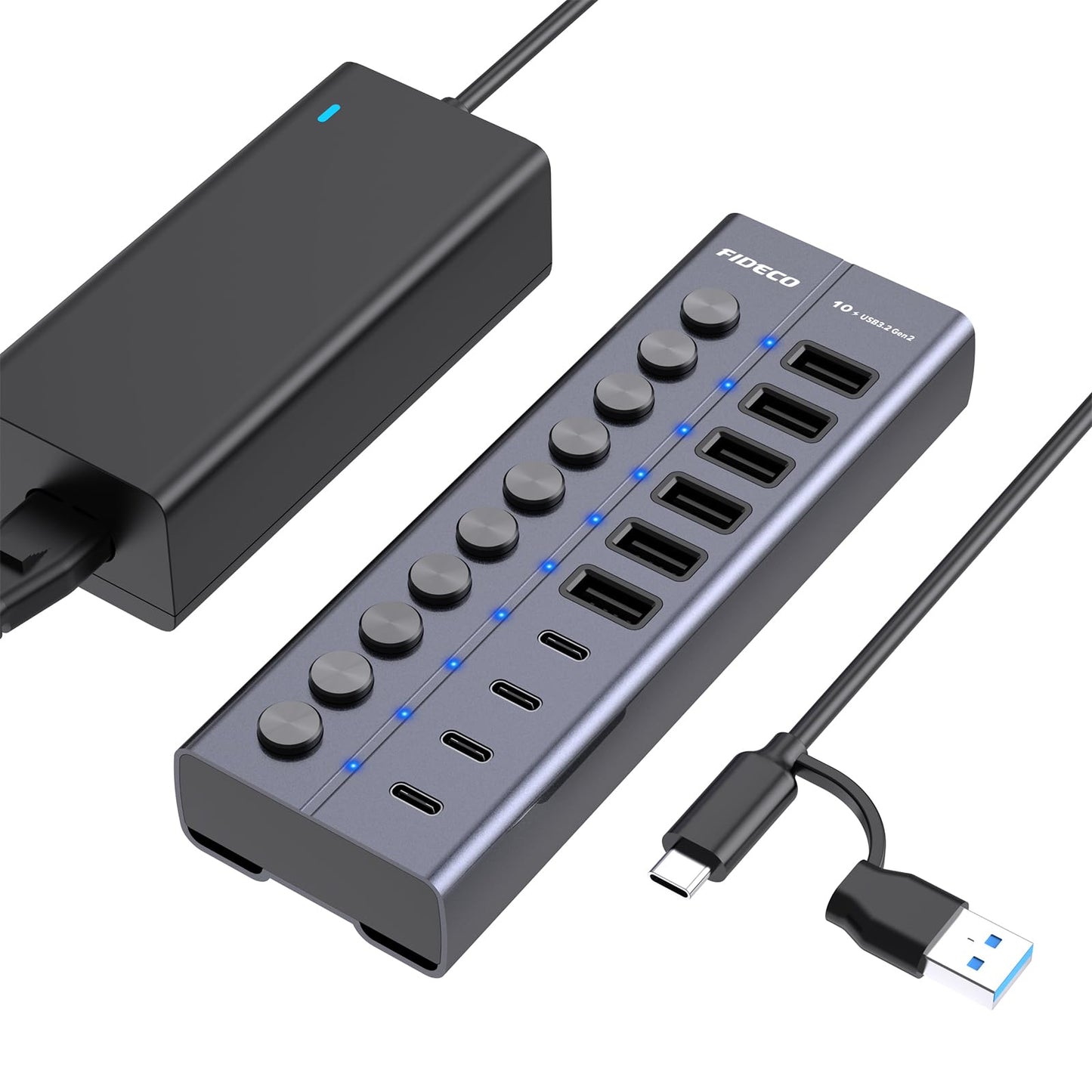 FIDECO 60W Powered USB Hub for Laptop and PC, 10-Port 10Gbps USB Splitter with 12V 5A Power Adapter, Aluminum USB 3.2 Gen 2 Mult