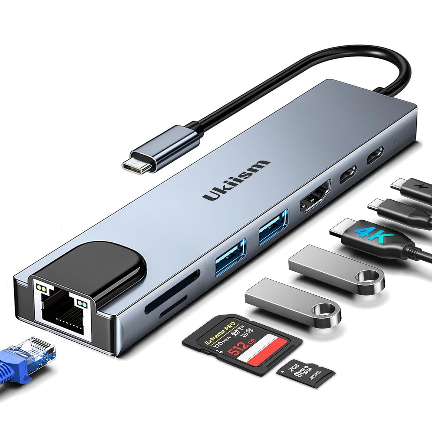 USB C Hub Ethernet HDMI Adapter, 8 in 1 Docking Station with 4K HDMI, RJ45 Ethernet, SD/TF Card Reader, USB 3.0/2.0, PD 100W, LA