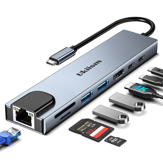 USB C Hub Ethernet HDMI Adapter, 8 in 1 Docking Station with 4K HDMI, RJ45 Ethernet, SD/TF Card Reader, USB 3.0/2.0, PD 100W, LA