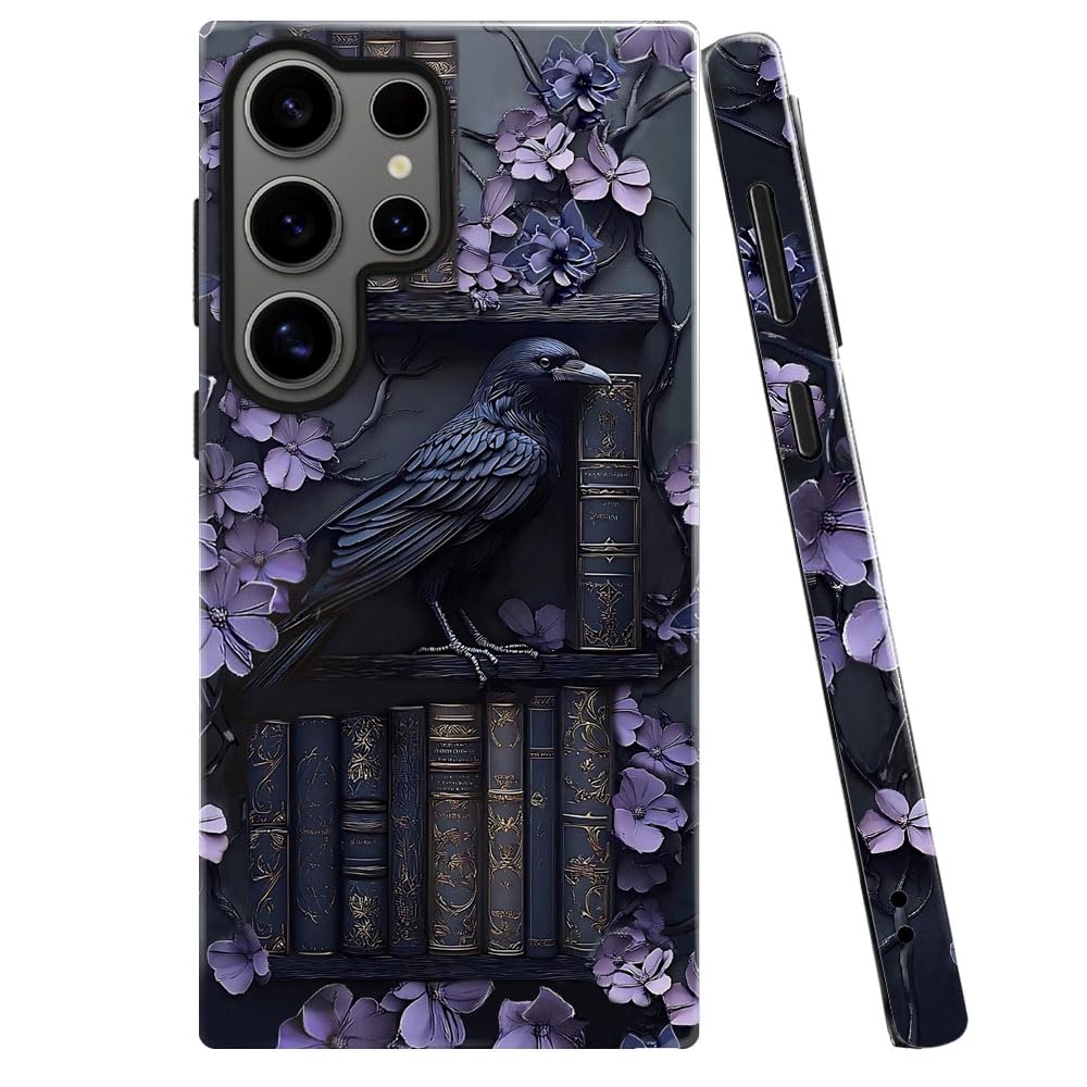 TnXee Case for Samsung Galaxy S25 Ultra,Purple Floral Crow Bookshelf Phone Case Drop Resistant Glossy 2 in 1 Solid Dual-Layer Co