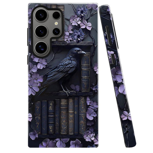 TnXee Case for Samsung Galaxy S25 Ultra,Purple Floral Crow Bookshelf Phone Case Drop Resistant Glossy 2 in 1 Solid Dual-Layer Co