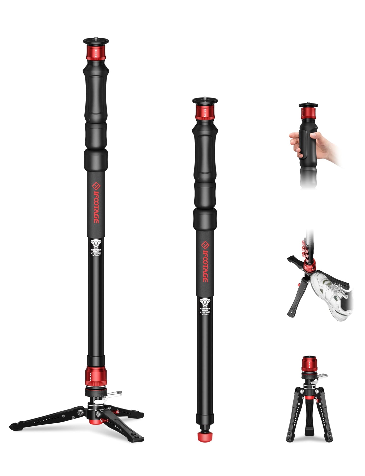 IFOOTAGE Cobra 3 Strike Monopod A150S, One-Touch Lifting Monopods Camera Stand with Pedal, Aluminum Quick Video Mono pod for Sho