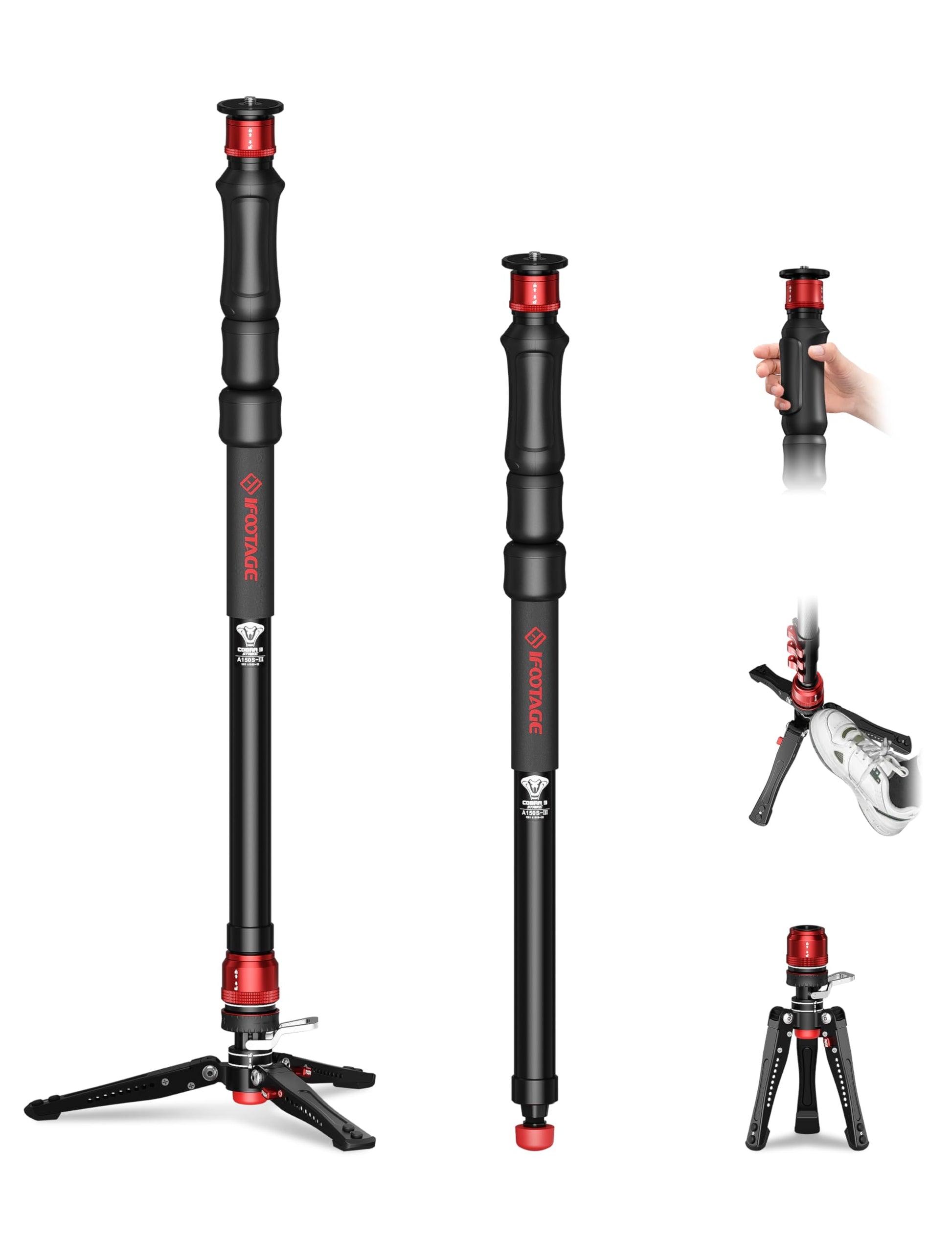 IFOOTAGE Cobra 3 Strike Monopod A150S, One-Touch Lifting Monopods Camera Stand with Pedal, Aluminum Quick Video Mono pod for Sho