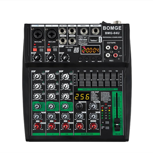 BOMGE Professional DJ audio mixer, 4 channel DJ mixer, Bluetooth sound mixer, supports USB/MP3/BT computer input,256DSP,48V phan