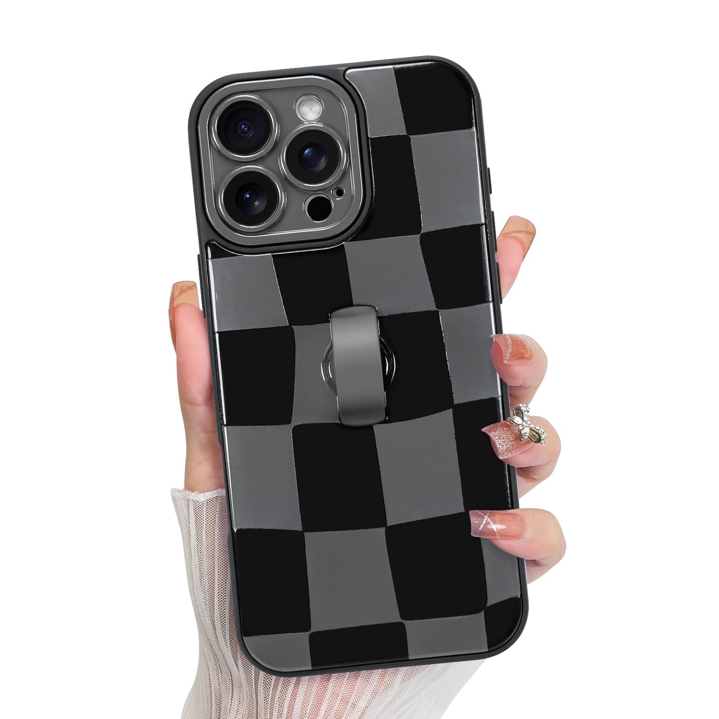 KANGHAR Compatible with iPhone 16 Pro Max Case, Silicone Checkered Cute Pattern, Wristband Kickstand Camera Protection Soft Slim
