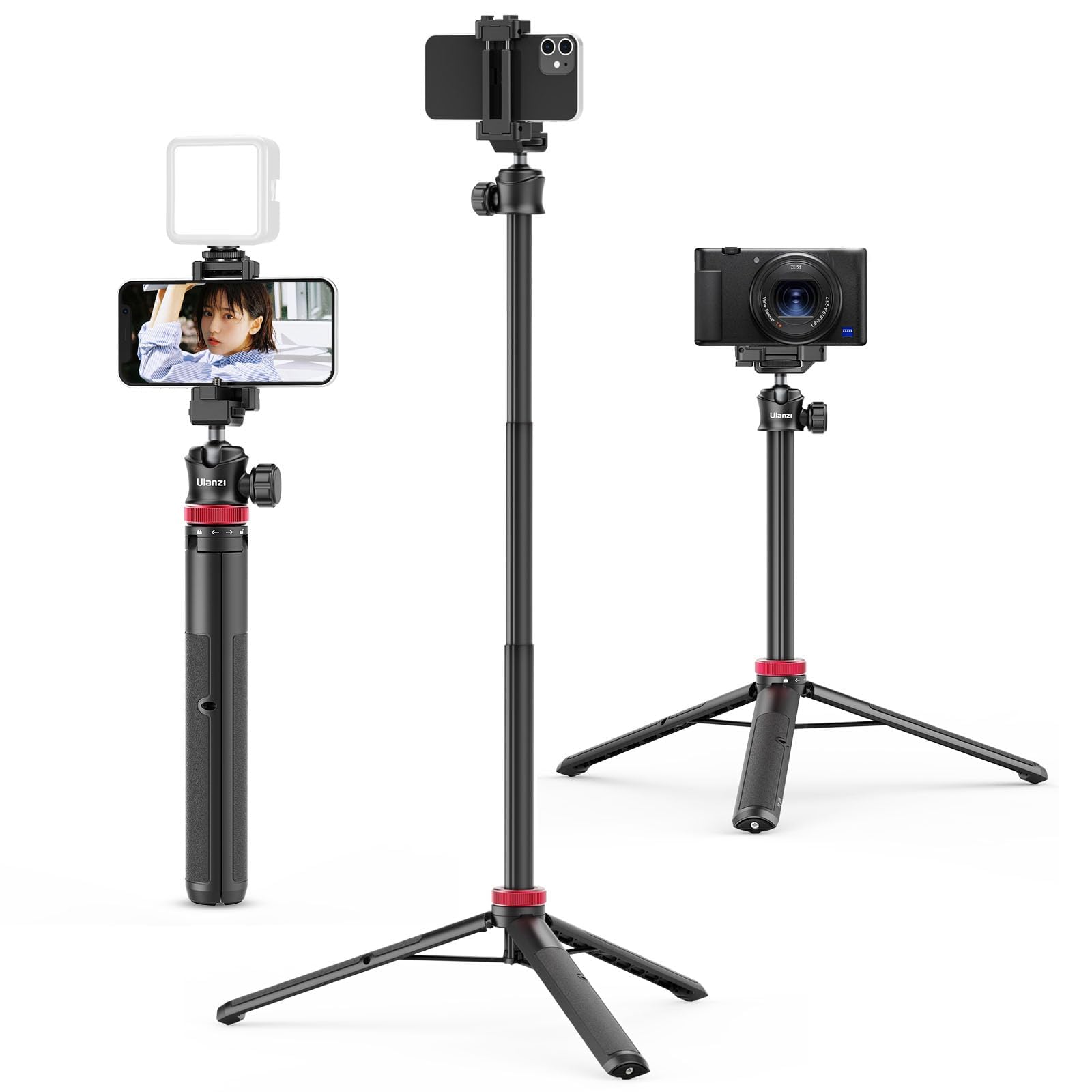 ULANZI MT-44 Extendable Phone Tripod, 59 Selfie Stick Vlog Stand with 2 in 1 Phone Clip, 360 Ball Head Camera Tripod for iPhone
