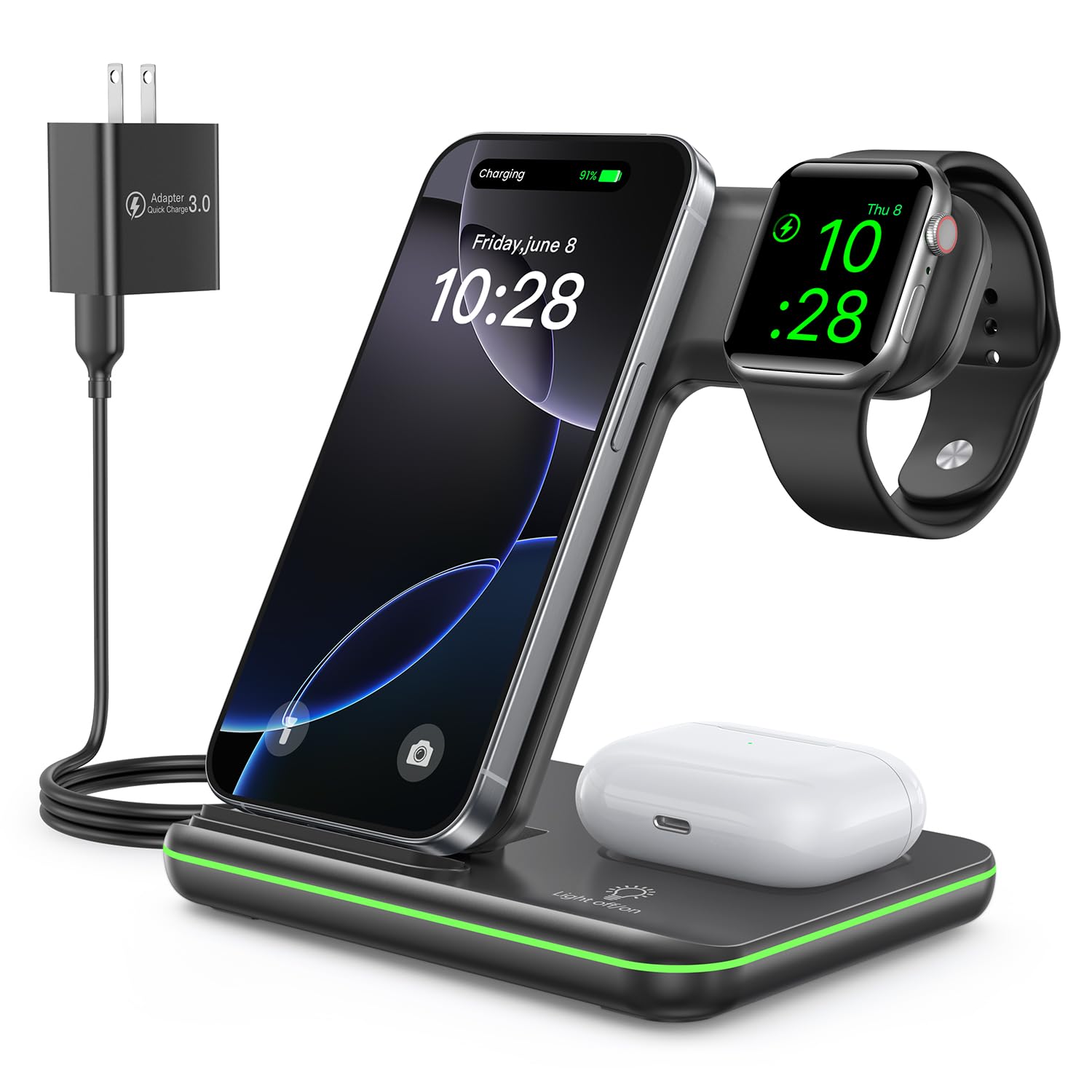 WAITIEE Wireless Charger for iPhone 16 15 14 13 12 11 X 8, 3 in 1 Charging Station for Apple Watch 10/9/8/7/6/5/4/3/2/SE/Ultra/U