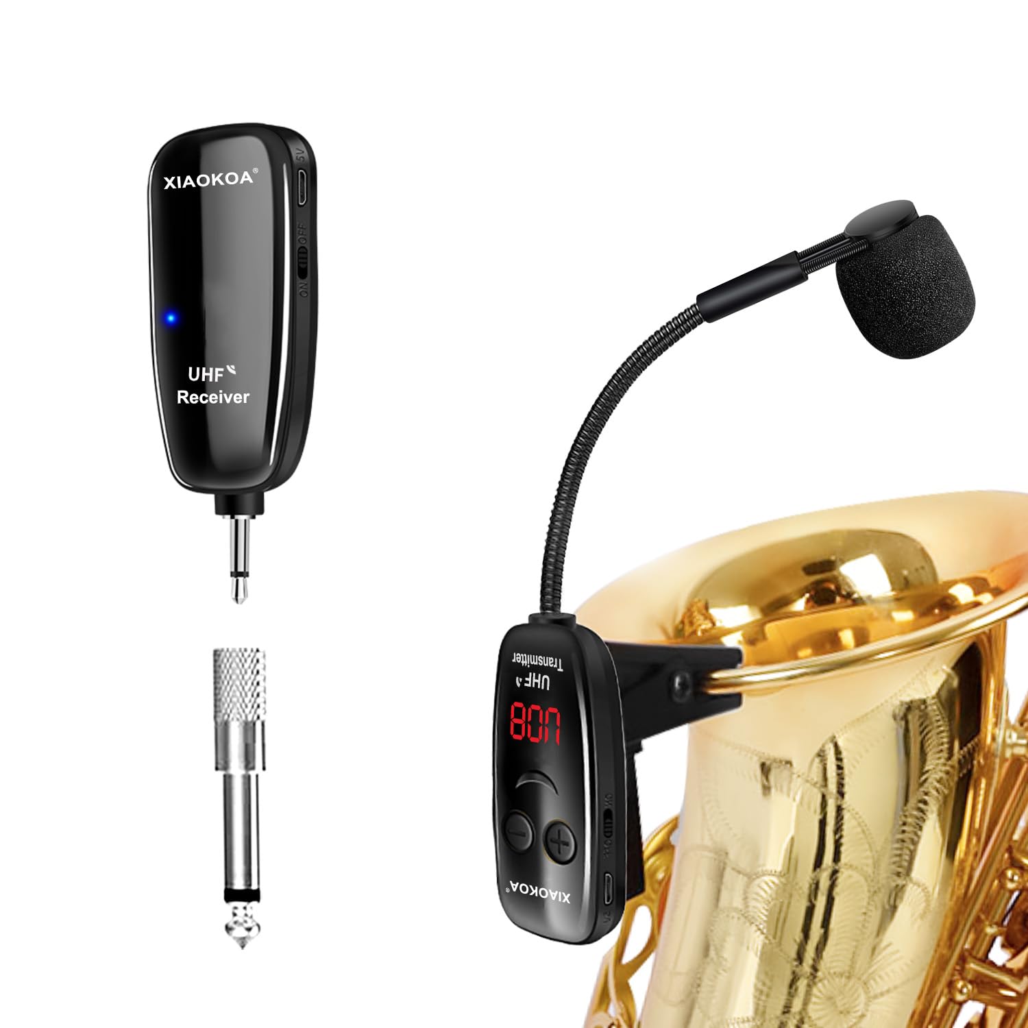 XIAOKOA UHF Wireless Instruments Microphone,Saxophone Microphone,Wireless Receiver and Transmitter,164ft Range,Plug and Play,Gre