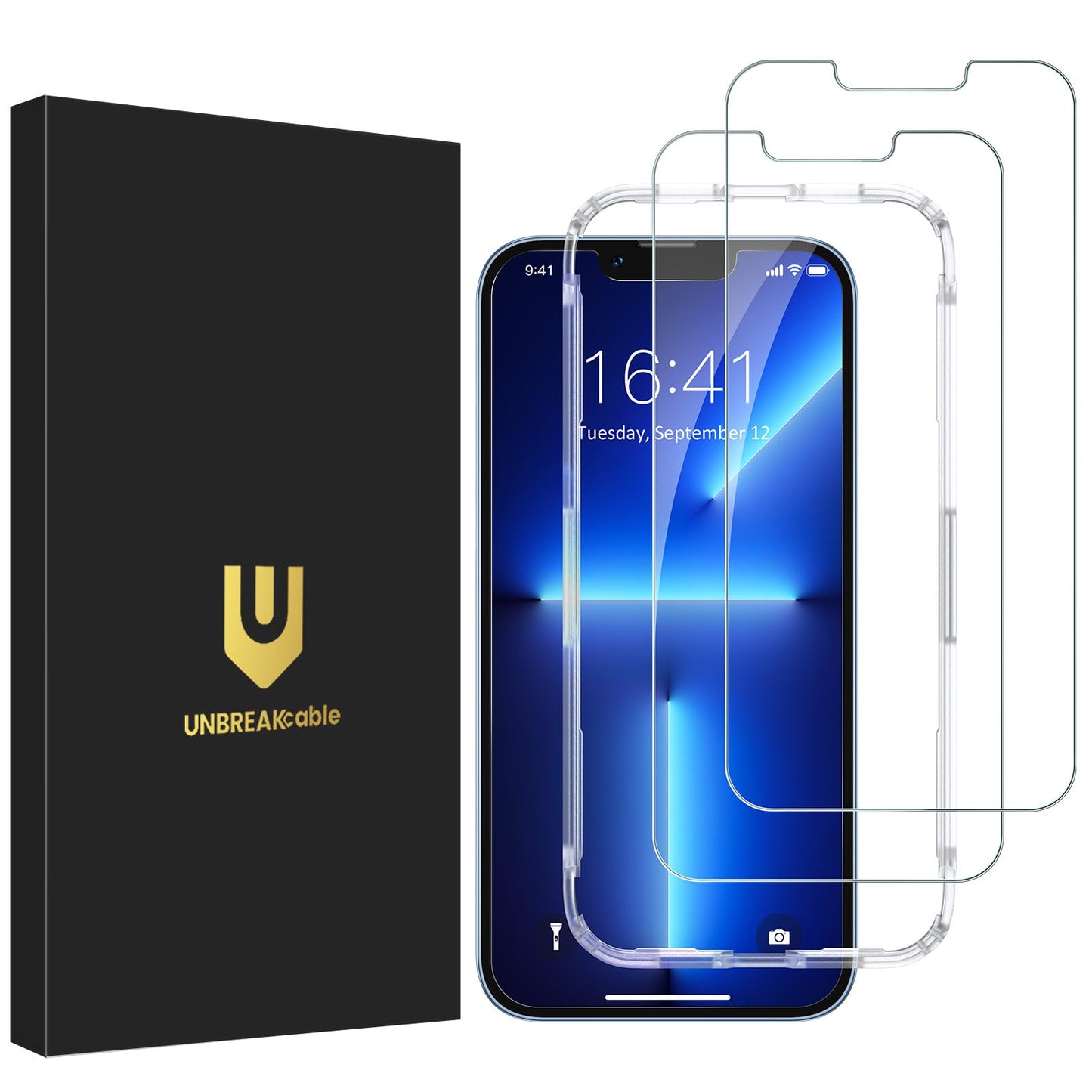 UNBREAKcable 2-Pack Screen Protector for iPhone 14/13/13 Pro Double Shatterproof Tempered Glass [Easy Installation Frame] [9H Ha