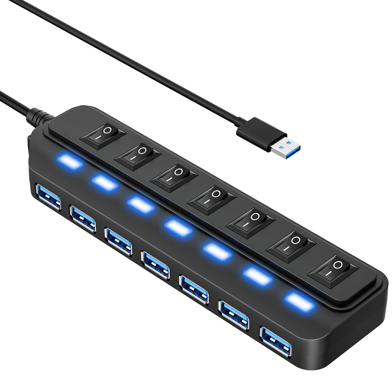 WIRWTRU USB Hub 7 Port,USB 3.0 Hub Splitter with Individual On/Off LED Switches, USB Hub for PC, 5Gbps HighSpeed Data for Laptop