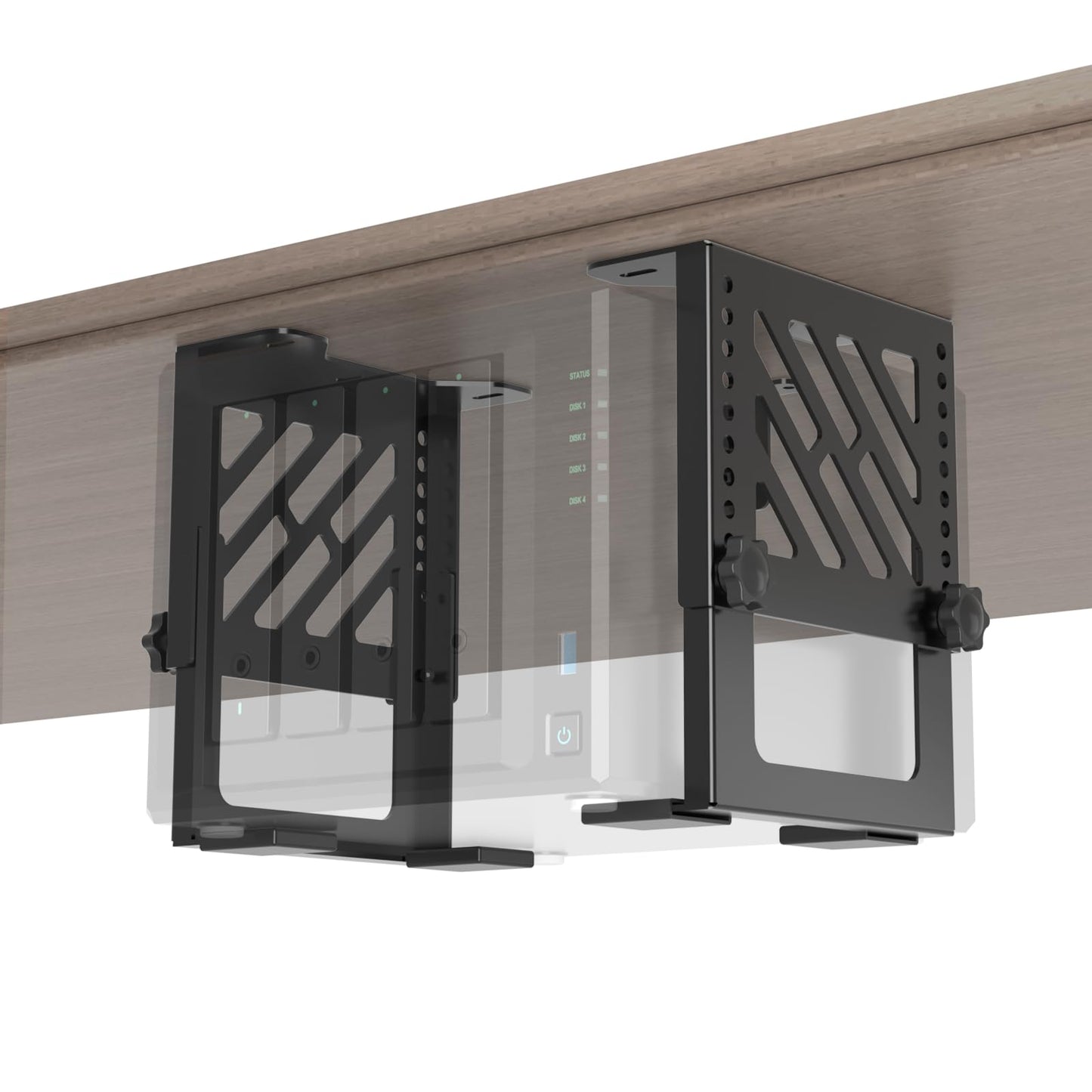 Metal Under Desk Mount for NAS Adjustable Mounting Bracket for Desktop NAS 1/2/4 Bay Network Attached Storage Under Desk Holder
