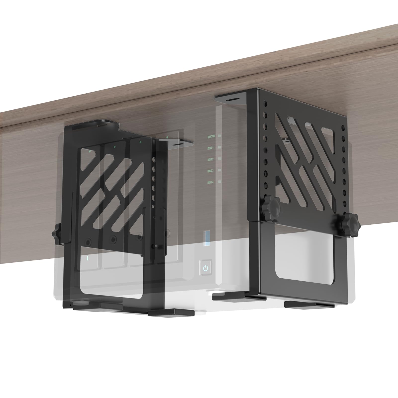 Metal Under Desk Mount for NAS Adjustable Mounting Bracket for Desktop NAS 1/2/4 Bay Network Attached Storage Under Desk Holder